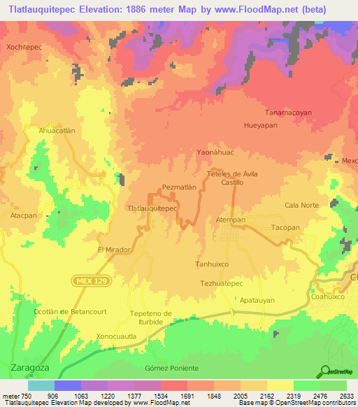 Tlatlauquitepec,Mexico Elevation Map