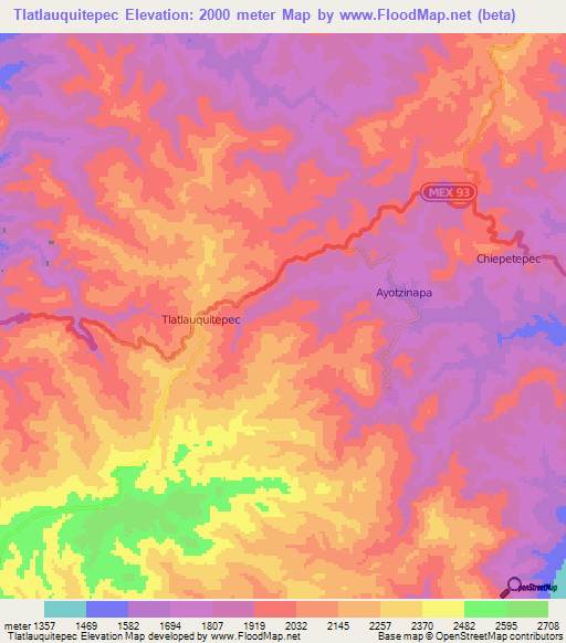 Tlatlauquitepec,Mexico Elevation Map