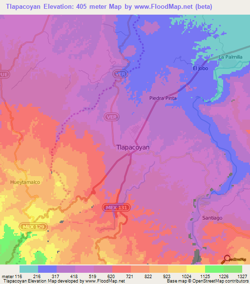 Tlapacoyan,Mexico Elevation Map