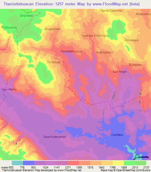 Tlamixtlahuacan,Mexico Elevation Map