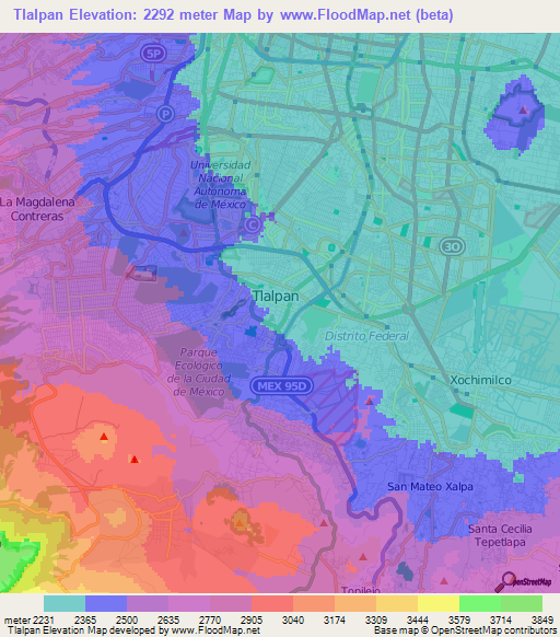 Tlalpan,Mexico Elevation Map