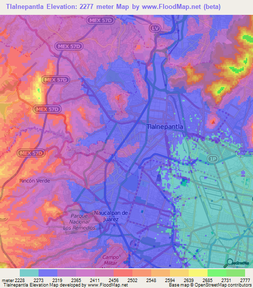 Tlalnepantla,Mexico Elevation Map