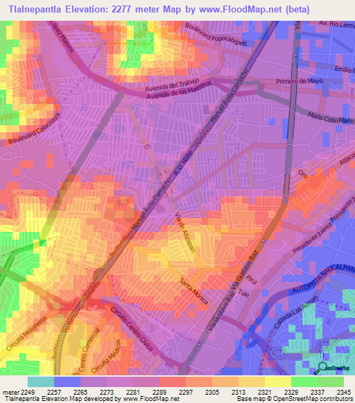 Tlalnepantla,Mexico Elevation Map