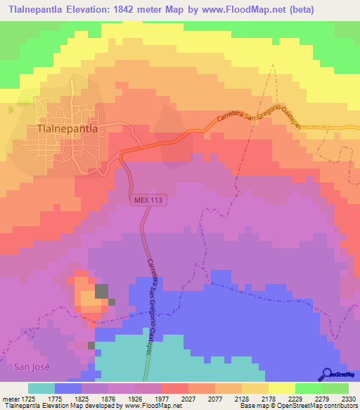 Tlalnepantla,Mexico Elevation Map