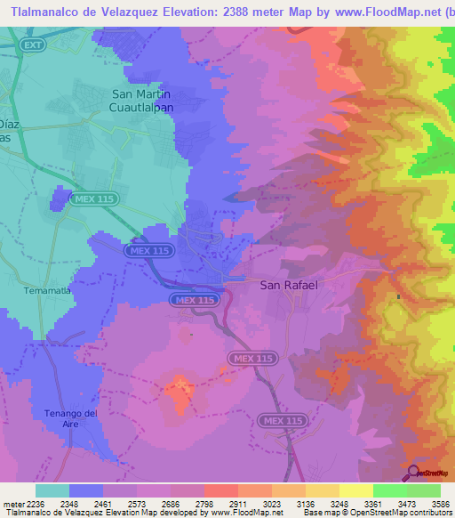 Tlalmanalco de Velazquez,Mexico Elevation Map