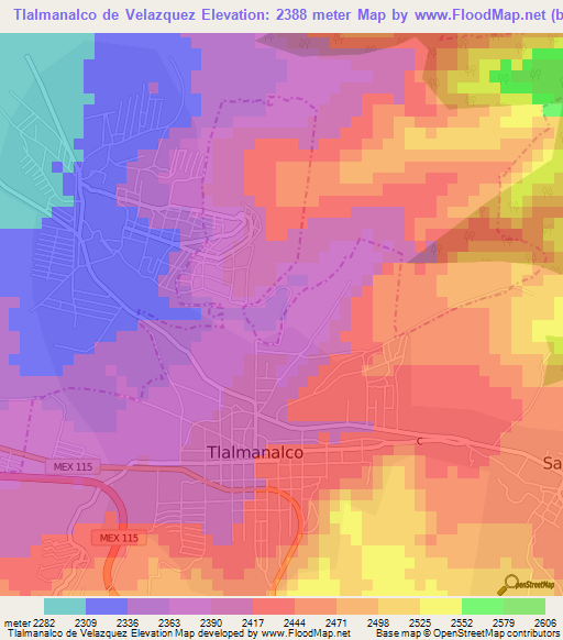 Tlalmanalco de Velazquez,Mexico Elevation Map