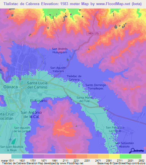 Tlalixtac de Cabrera,Mexico Elevation Map