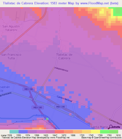 Tlalixtac de Cabrera,Mexico Elevation Map