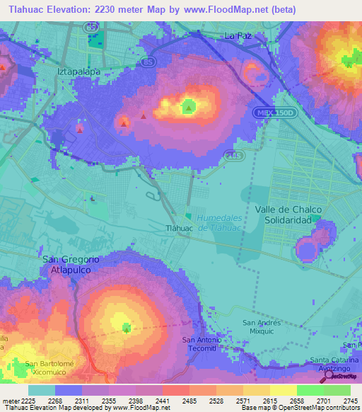 Tlahuac,Mexico Elevation Map