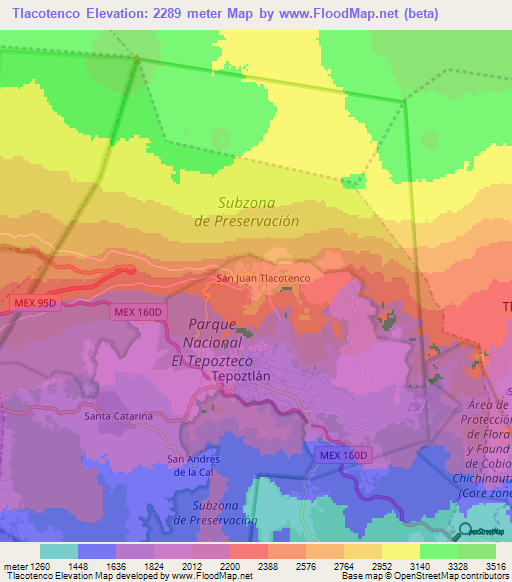 Tlacotenco,Mexico Elevation Map