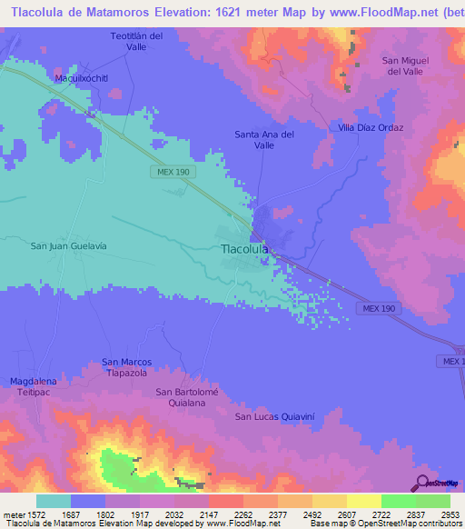 Tlacolula de Matamoros,Mexico Elevation Map