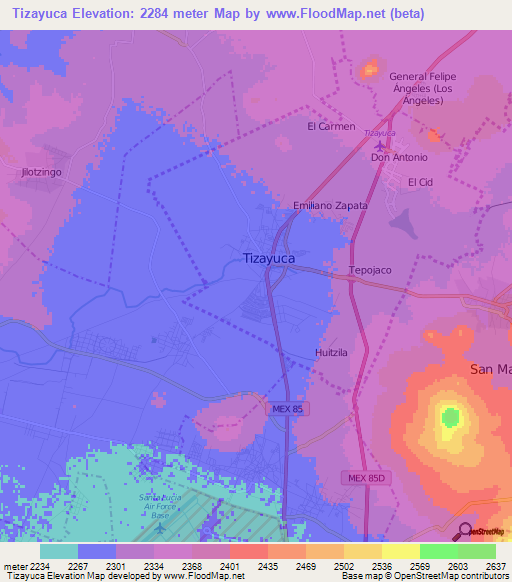 Tizayuca,Mexico Elevation Map