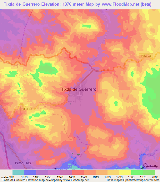 Tixtla de Guerrero,Mexico Elevation Map