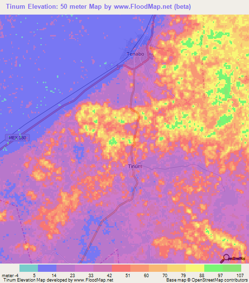 Tinum,Mexico Elevation Map