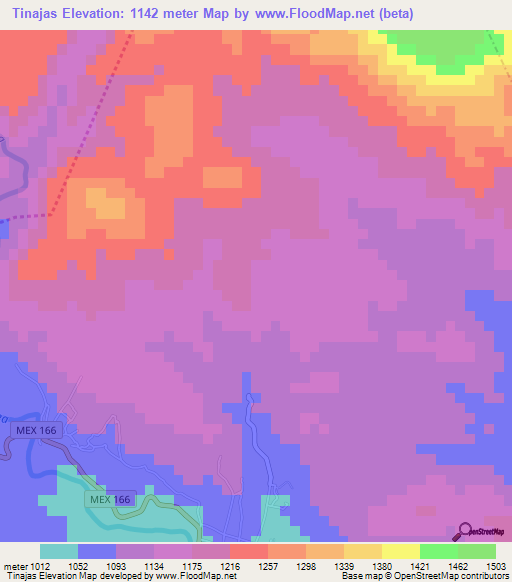 Tinajas,Mexico Elevation Map