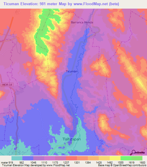 Ticuman,Mexico Elevation Map