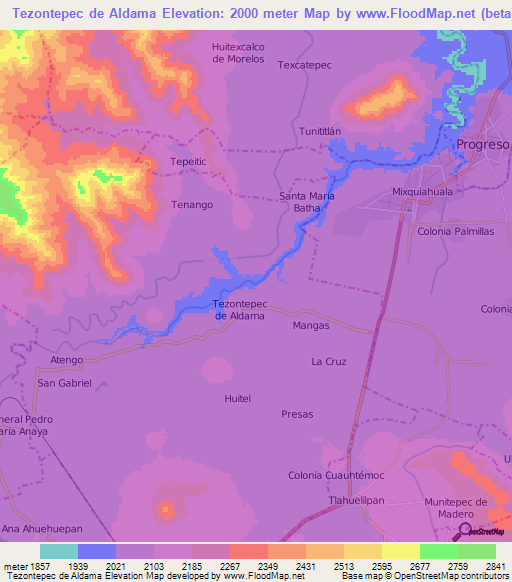 Tezontepec de Aldama,Mexico Elevation Map