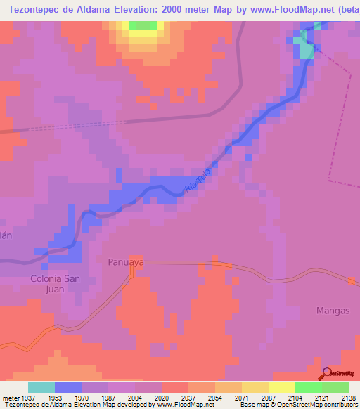 Tezontepec de Aldama,Mexico Elevation Map