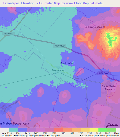 Tezontepec,Mexico Elevation Map