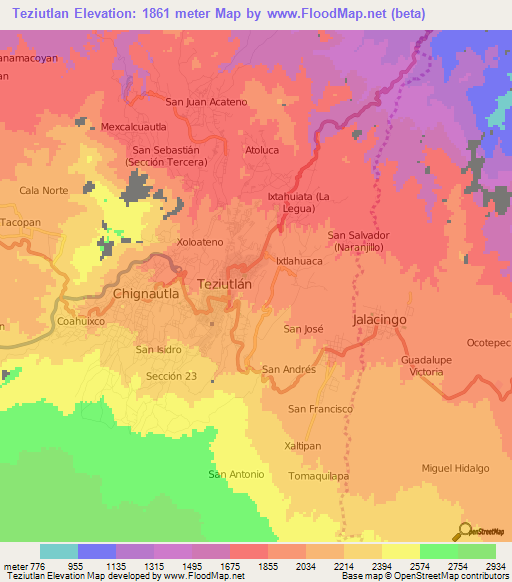 Teziutlan,Mexico Elevation Map