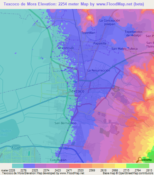 Texcoco de Mora,Mexico Elevation Map