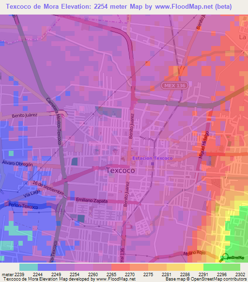 Texcoco de Mora,Mexico Elevation Map