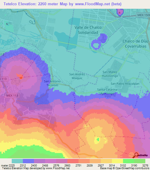 Tetelco,Mexico Elevation Map