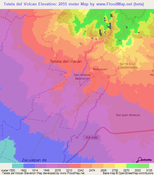 Tetela del Volcan,Mexico Elevation Map