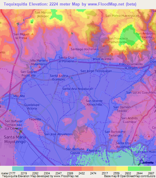 Tequixquitla,Mexico Elevation Map