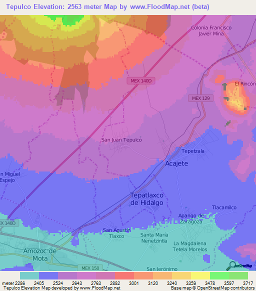 Tepulco,Mexico Elevation Map