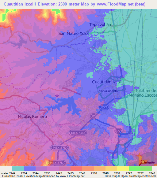 Cuautitlan Izcalli,Mexico Elevation Map