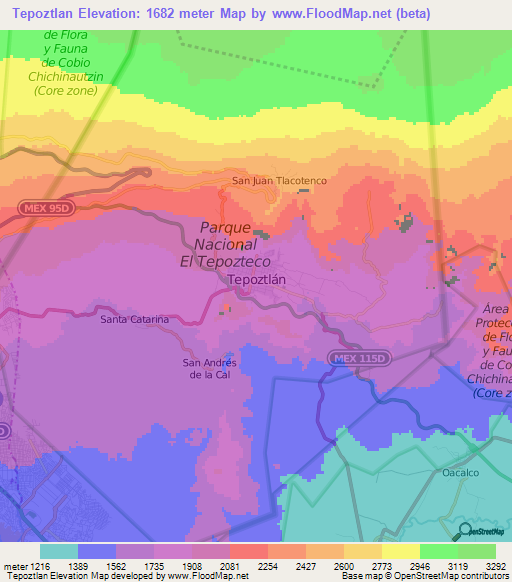 Tepoztlan,Mexico Elevation Map