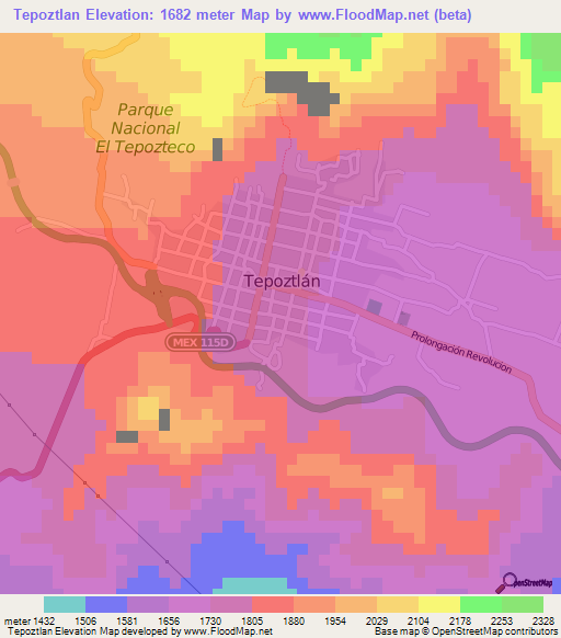 Tepoztlan,Mexico Elevation Map