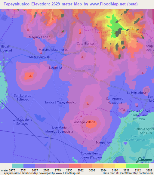 Tepeyahualco,Mexico Elevation Map