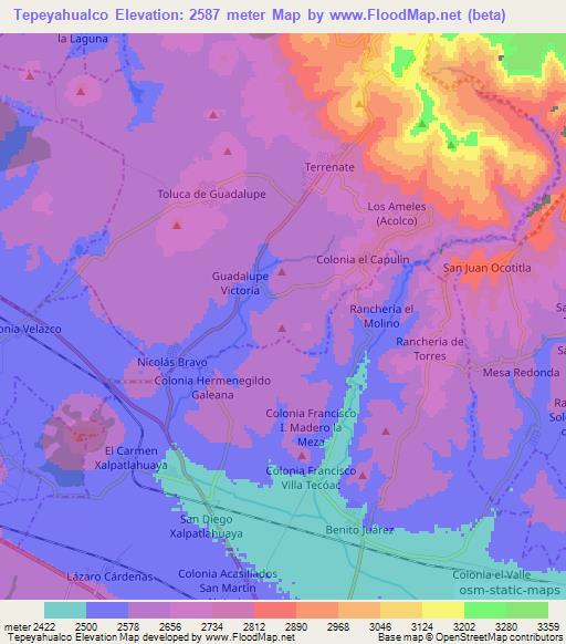 Tepeyahualco,Mexico Elevation Map