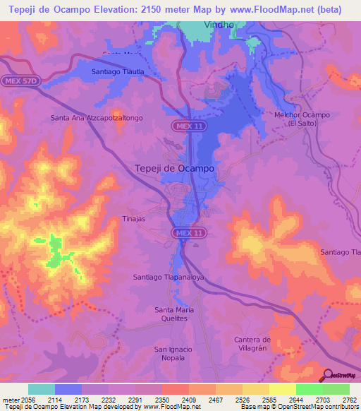 Tepeji de Ocampo,Mexico Elevation Map