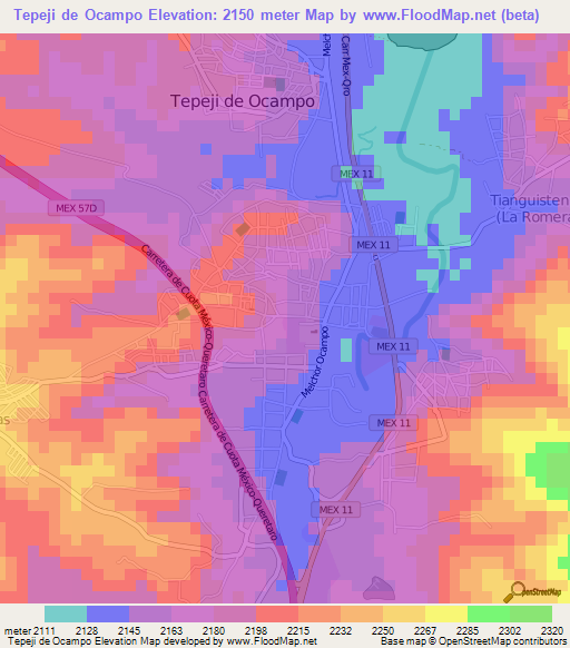 Tepeji de Ocampo,Mexico Elevation Map