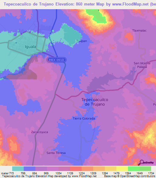 Tepecoacuilco de Trujano,Mexico Elevation Map