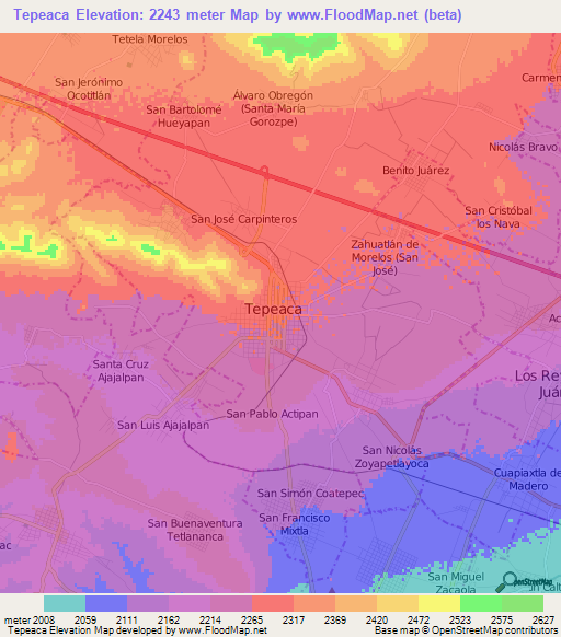 Tepeaca,Mexico Elevation Map