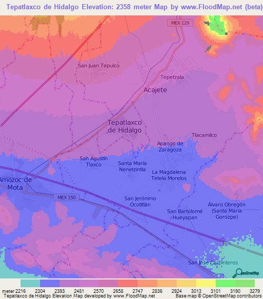 Tepatlaxco de Hidalgo,Mexico Elevation Map