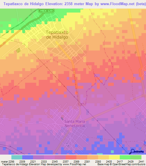 Tepatlaxco de Hidalgo,Mexico Elevation Map