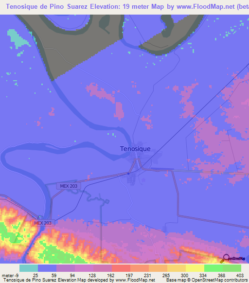 Tenosique de Pino Suarez,Mexico Elevation Map