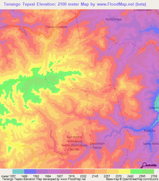 Tenango Tepexi,Mexico Elevation Map