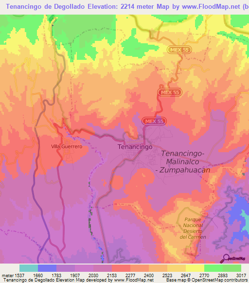 Tenancingo de Degollado,Mexico Elevation Map