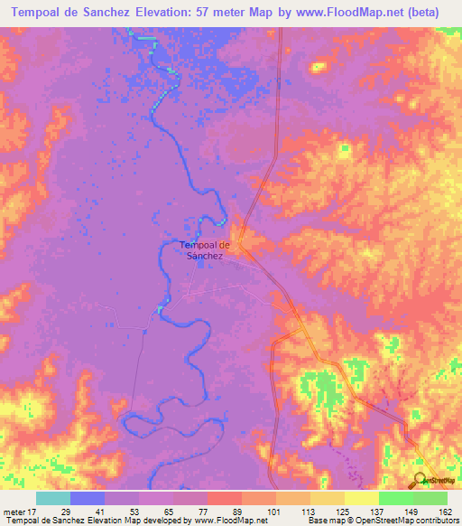 Tempoal de Sanchez,Mexico Elevation Map