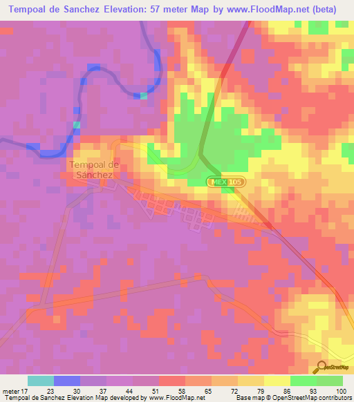 Tempoal de Sanchez,Mexico Elevation Map