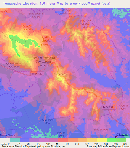 Temapache,Mexico Elevation Map