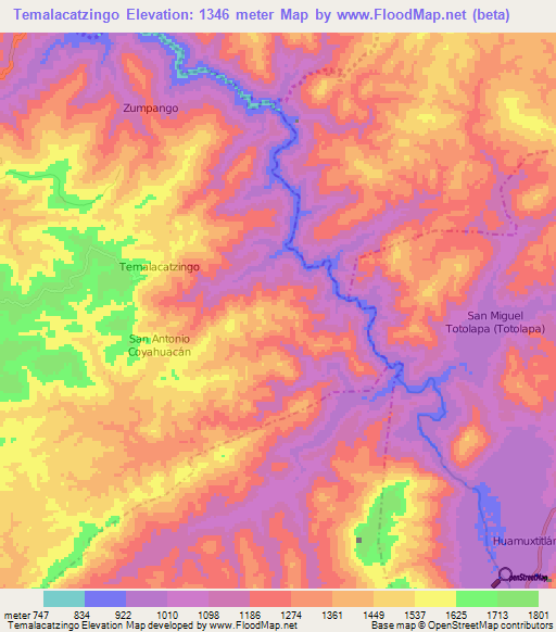 Temalacatzingo,Mexico Elevation Map