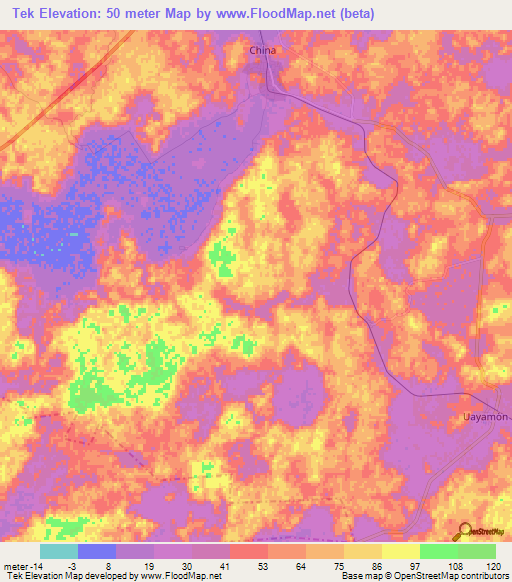 Tek,Mexico Elevation Map