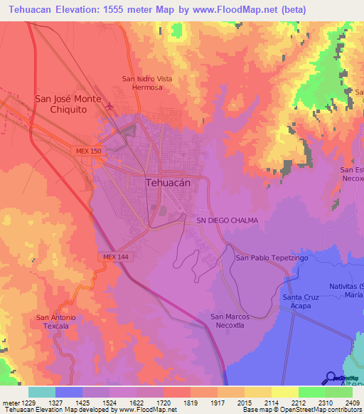 Tehuacan,Mexico Elevation Map
